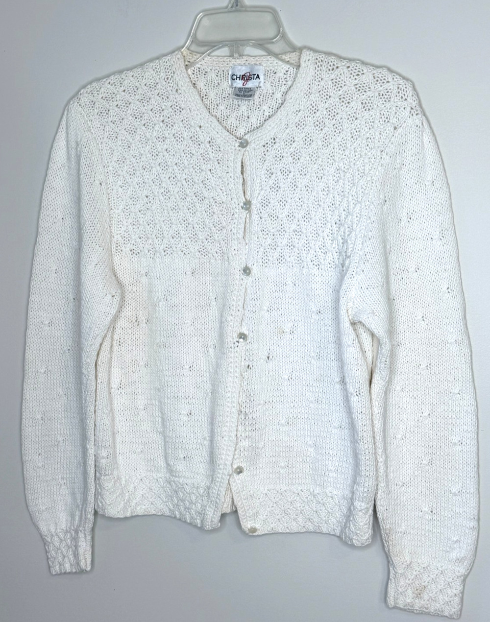 Vtg Christa J White Chunky Knit Cottage Core Cotton Cardigan Size L